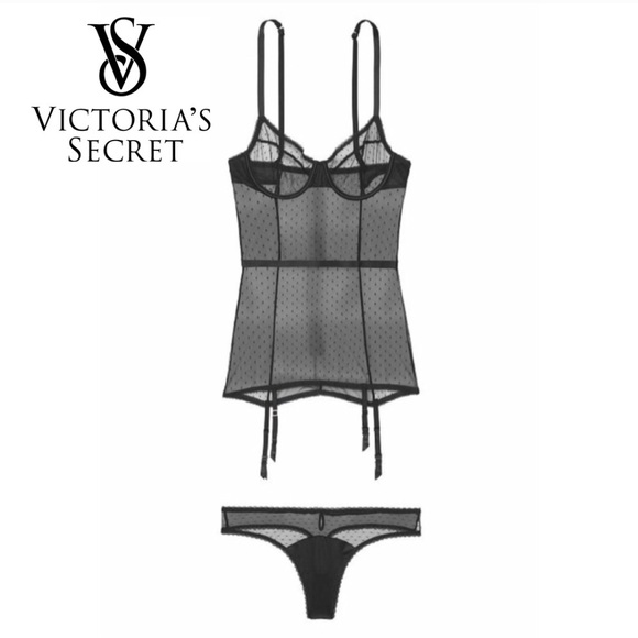Victoria's Secret Other - NWT Black Mesh Swiss Dot Corset Thong Panties Set